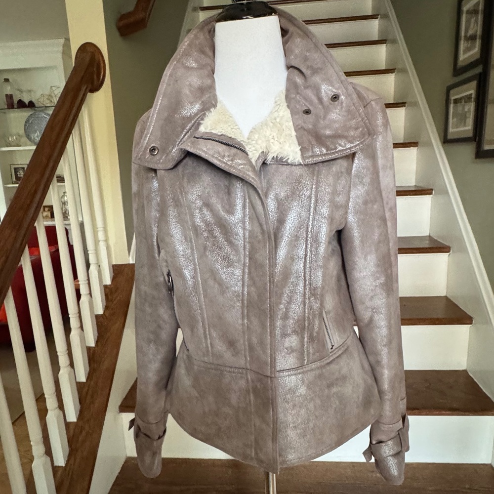 Via Spiga Metallic Moto Vegan Fur-lined Jacket Sz L